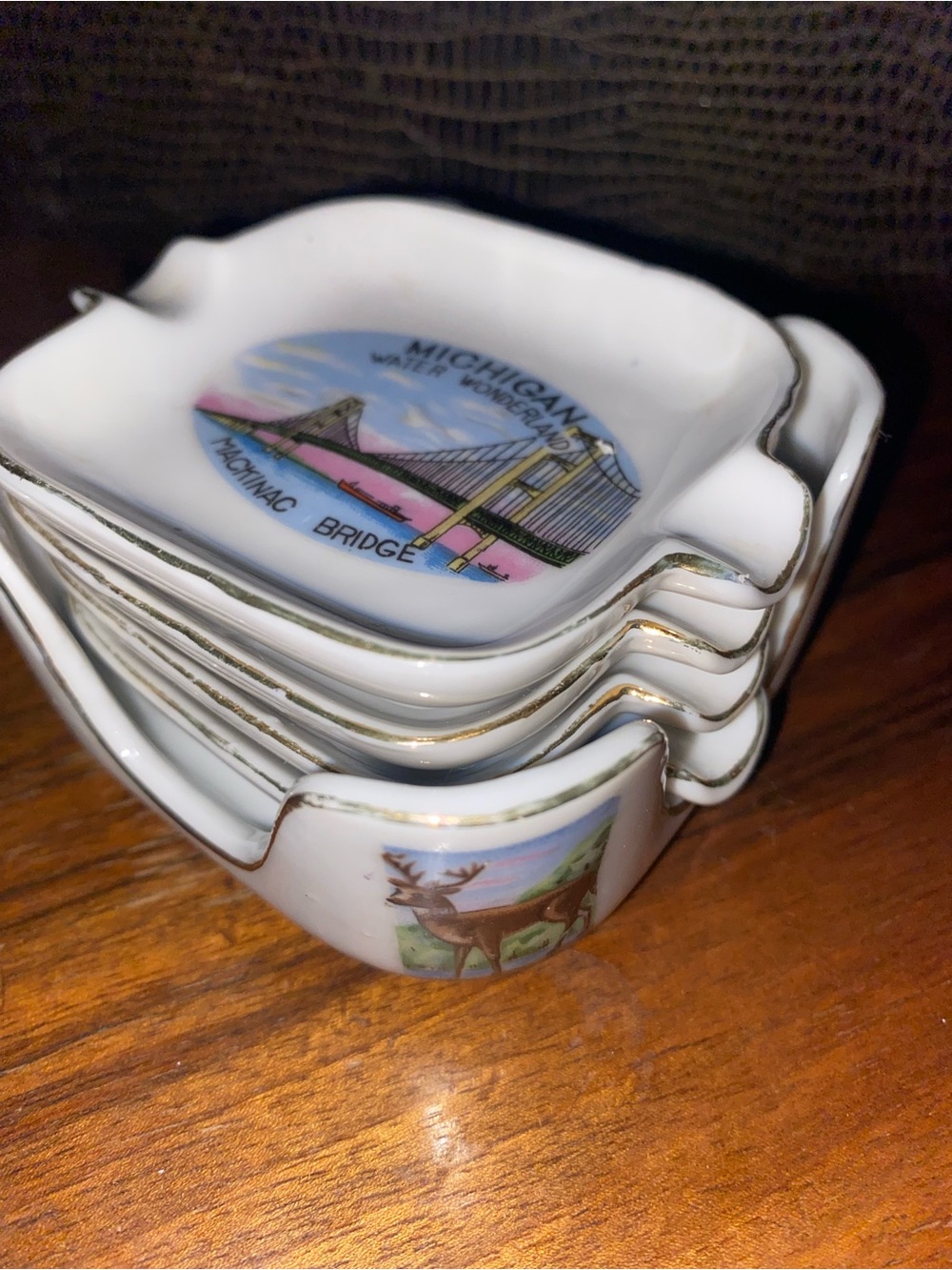 1960s kitsch Michigan Mackinac Bridge White Porcelain Souvenir Ashtray Set